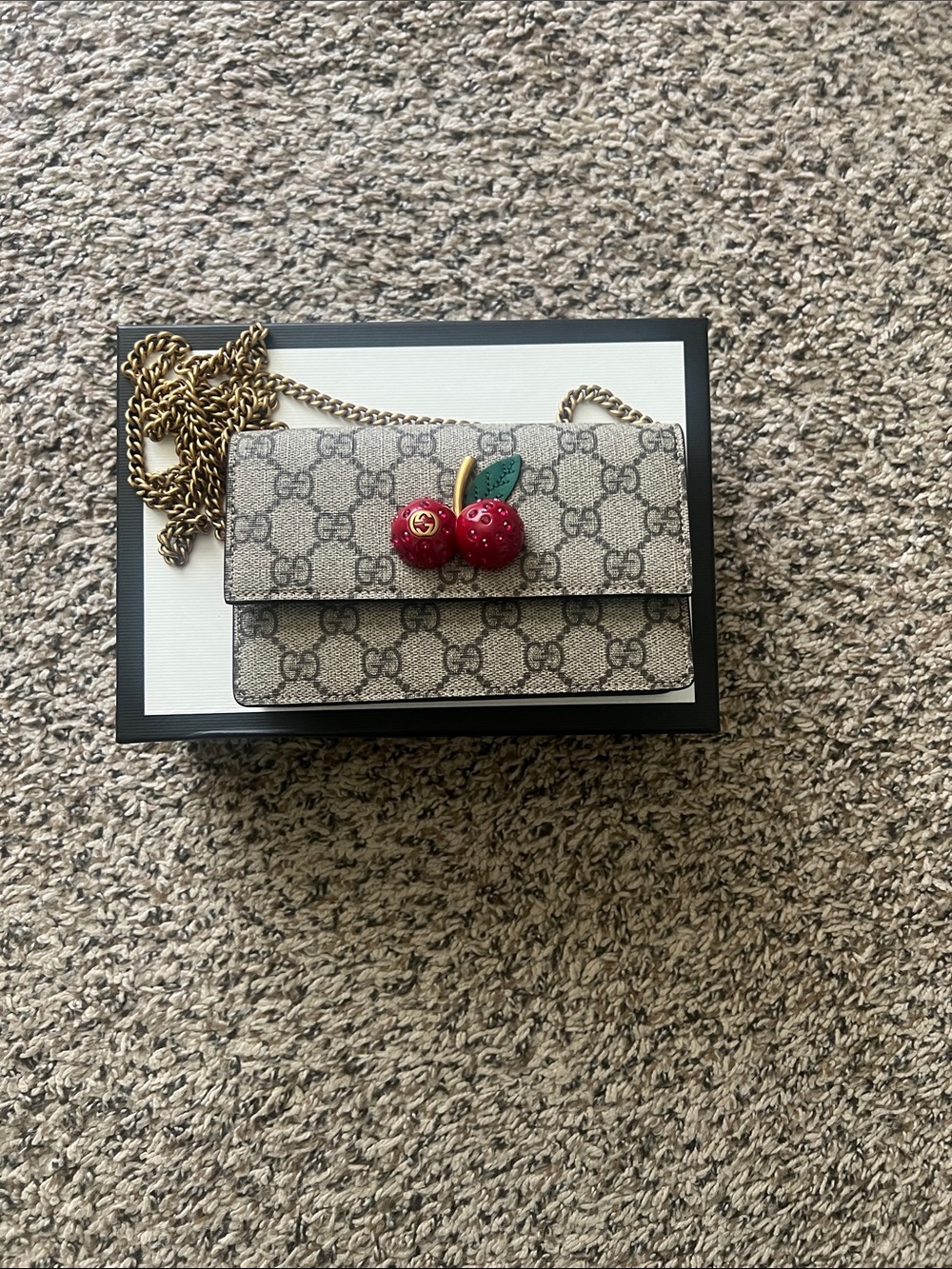 Gucci Beige Monogram Cherry Chain Crossbody
